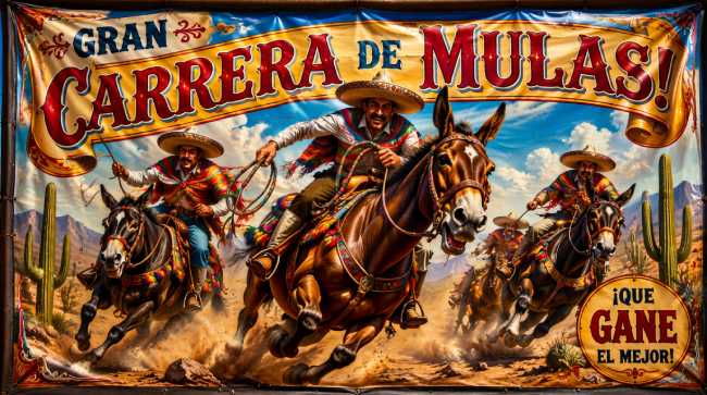 Gemaltes Jahrmarkt-Banner „Gran Carrera de Mulas“ mit Reitern auf galoppierenden Maultieren